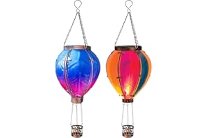 NIESEL 2 Pcs Flame Effect Garden Ornaments Outdoor, Hanging Hot Air Balloon Solar Lantern for Garden Decor, Solar Hot Air Balloon Lantern, Metal Solar Flickering Light, Flickering Flame Led Lights, 1/2 Pcs
