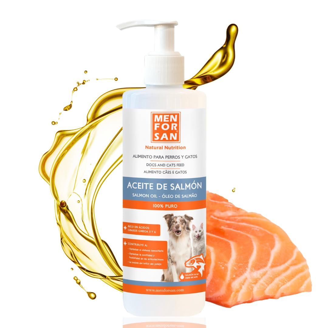 MENFORSAN Aceite de Salmón para Perros y Gatos | Optimiza el Sistema Inmunitario | Fortalece Las Articulaciones y los Huesos | Reduce Problemas de Piel | 500ml
