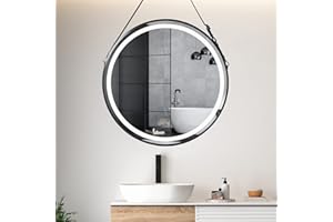 LUVODI Lustro łazienkowe LED, okrągłe, 80 cm: okrągłe lustro czarne rama i regulowany pasek skórzany, wiszące lustro ścienne, 3 kolory światła, możliwość ściemniania, lustro świetlne