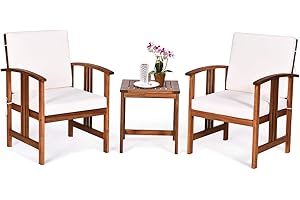 COSTWAY 3-Piece Patio Bistro Set, Acacia Wood Garden Furniture Set with Slatted Coffee Table and Cushions, Outdoor Conversation Table Chairs Set for Balcony Backyard Lawn Poolside (White)
