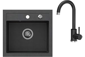 VBChome Fregadero negro, 50 x 47 cm, con grifo, dispensador de detergente para lavavajillas, fregadero individual, fregadero de cocina, granito, sifón moteado, grifo monomando