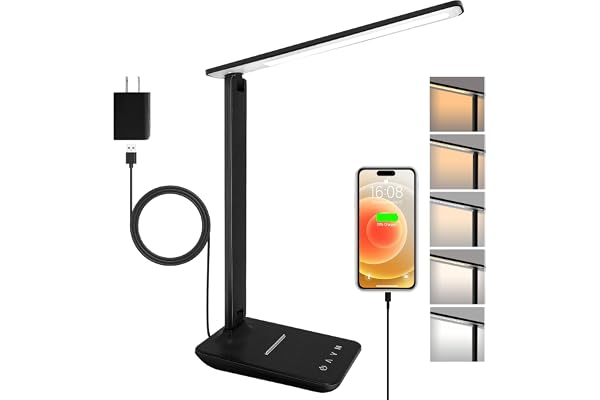 joyshie Lampe de Bureau LED avec Adaptateur, Pliable Lampe de Chevet Dimmable avec 5 Modes de Couleur et 5 Niveaux de Luminosité, Port de Charge USB, Pour Lecture Travail (Noir, Normal)