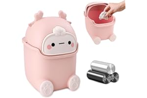 QLFJ-FurDec Tischabfalleimer Klein, Niedlich Mini Desktop-Mülleimer mit 3 Rollen Müllsäcke, Cartoon Tischmülleimer mit Deckel 15.5 * 14 * 23.5cm, Tischabfalleimer für Den Waschtisch (Rosa)