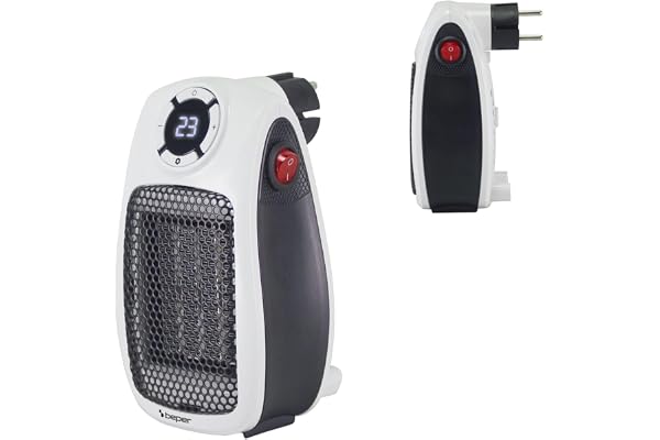 BEPER P203TER350 Mini Keramisk Värmefläkt, Platsbesparande Mini Elvärmare 500W, LED-display, 24-timmarstimer, Termostat, 90° Roterande Kontakt, Säker Automatisk Avstängning