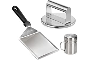 HULISEN Smashed Burger Kit, Stainless Steel Burger Press with Edge, Grill Spatula and Spice Dredge Shaker - Burger Smasher Griddle Accessories Kit for Flat Top Griddle Grill Cooking, Gift Package