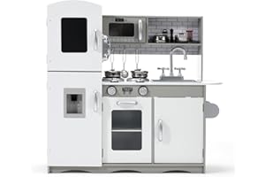 KIDOZ ONLINE KIDS SHOP Kidoz Signature Kids Wooden Kitchen, Large Pretend Role Play Kitchen With Realistic Oven, Microwave and Sink With Taps, Kitchen Playset With Sounds And Lights For Kids (Grey Kitchen With Utensils)