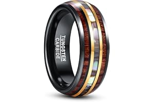 NUNCAD Anello Uomo Donna Oro&Nero Carburo di Tungsteno con Conchiglia di Abalone e Legno di Koa 8mm per Matrimonio Fidanzamento Anniversario Taglie(11.75-29.75)