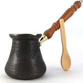 DEDE Copper - PCZ Serisi (Large-14fl.oz) - En Kalın Katı Bakır Oymalı/D&ouml;v&uuml;lm&uuml;ş T&uuml;rk Yunan Arap Kahve Demliği, Ahşap Saplı, Oc
