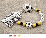 Baby SCHNULLERKETTE mit NAMEN | Motiv Fussball in Vereinsfarben - schwarz, gelb