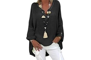 Tincini Leinenbluse Damen Sommer Tunika V-Ausschnitt Große Größen Blusenshirt Langarmshirt Leinen Baumwolle Hemd Oberteile Druck Shirt
