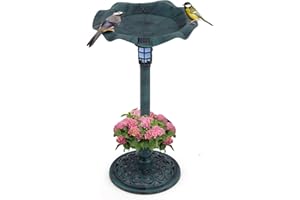 COSTWAY Bird Bath, 43cm Outdoor Birds Table with Solar Light, Lotus Leaf Bowl, Flower Planter Base, Vintage Birdbath for Garden Yard Decoration (Bronze)