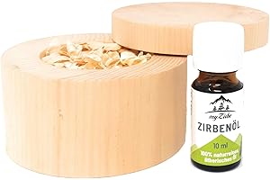 MYZIRBE Zirben Duftset mit Zirbeholz Schale verschließbar, Zirbenspänen aus Zirbenholz und 10ml Zirbenöl