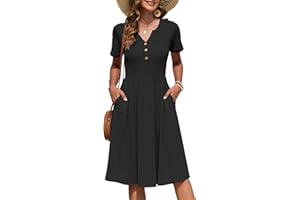AUSELILY Vestito Estivo a Maniche Corte da Donna Abito Casual Scollo a V al Ginocchiocon Bottoni con Tasche