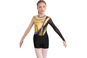 CHICTRY Kids Girls Sparkly Rhinestones Long Sleeve Gymnastics Dance Leotard Bodysuit Biketard Top with Shorts Set Swimwear