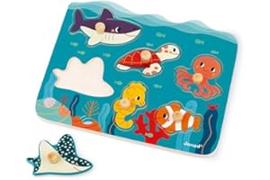 Janod - Puzzle à Encastrement en Bois Premier Age Animaux Marins 6 Pièces - Jouet d'Eveil - Apprentissage Motricité Fine - Partenariat WWF - Certifié FSC et Peint à l'Eau - Dès 18 Mois, J08619