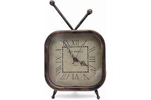 WUJILIVING Vintage Metal TV Style Silent Table Clock, Roman Retro Art Mantel Clock, Non Ticking, Battery Operated, for Living Room, Bedroom, or Office Décor（26 cm Height ）