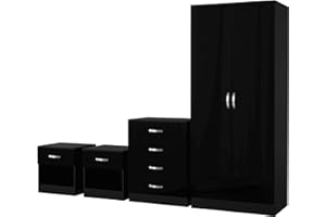 NERA FURNISHINGS Nera Black Gloss Bedroom Furniture Set 4 Piece Set with Wardrobe Chest of Drawer Bedside Table Bedroom Storage