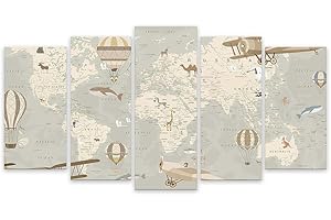 HXA DECO - Decoration Murale, Decoration Chambre Art Mural Tableau Deco, Tableau 5 Parties Enfant Carte du Monde Avions et Montgolfières - 150x80 cm