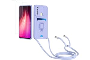 Kaslly Funda con Cuerda para Redmi Note 8+[2 Pack Protector Pantalla],Case con Ranura para Tarjetas,Cubierta de Cámara Deslizante Proteger,Doble Cara Protección-Púrpura