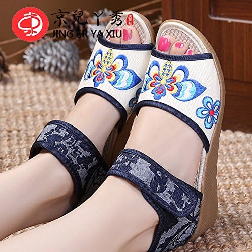 HGTYU Old Beijing Cloth Shoes Sandals Summer National Wind Female Slope Heel Thick Bottom Fish Mouth Embroidered Sandals Thirty-Nine Beige