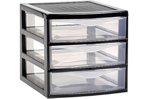 Acan Tradineur Guadiana Commode de bureau avec 3 tiroirs transparents, tour de rangement, armoire, salle de bain, bureau, fabriqué en Espagne (noir, 17,5 x 18 x 21,5 cm, modèle aléatoire)