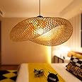 E27 Pendant Light Wood Vintage Bamboo Lantern Ceiling Light Retro Round Chandelier Hand-Woven Rattan Lampshade Lamp Restaurant Living Room Bedroom Office Decorative Lighting Hanging Light,80cm