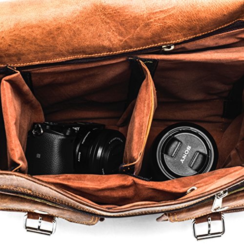 A.P. Donovan – Reise-Kamera-Tasche zum Umhängen, genug Platz für Fotos, Objektiv, Zubehör (mit Fächern und Tragegurt), Universal, braun – Leder - 3