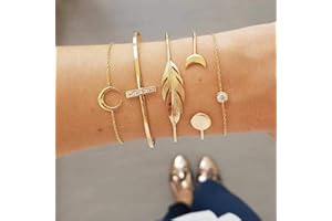 Jovono Boho Lot de 5 bracelets ouverts ouverts à extrémité dorée avec feuilles et lune pour femme et fille