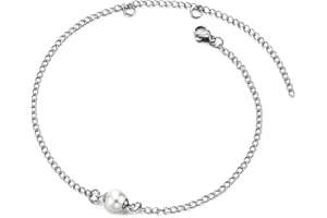 COOLSTEELANDBEYOND Elegante Acciaio Inossidabile Donna Collegamento Chain Cavigliera con Perla Charms, Regolabile