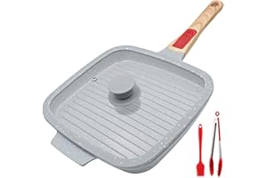 RANX INGST Poêle Grill avec Couvercle 26 cm, Poêle à Griller avec Poignée Amovible Antiadhésive, Bleu