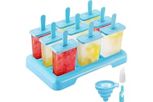 JGYCVBU Stampi per Ghiaccioli, 9 Cavità Stampi per Ghiaccioli con Stecco, DIY Stampi Riutilizzabili di Gelati, con Spazzola per la Pulizia e un Imbuto, Senza BPA, per Gelato