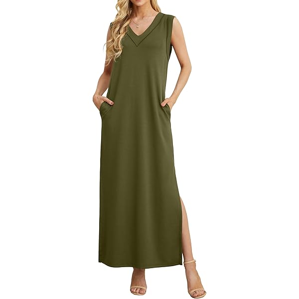 GRECERELLE Maxi-jurk voor dames, met split en zakken, zomerse casual hemdjurk, elegante stijl, basic, mouwloze, maxi-damesjurk, Wit, XXL
