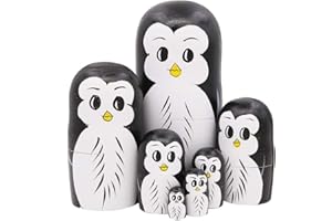 WINTERWORM Set 7 Pieces Penguin Wooden Handmade Nesting Dolls Matryoshka Russian Doll For Kids Toy Birthday Christmas New Year Gift Home Decoration
