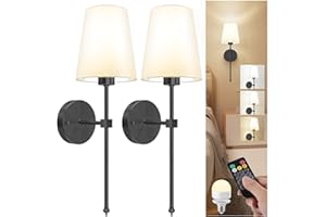 LGMCF Battery Operated Wall Sconce Set of 2, Rechargeable Wall Lights with 5000mAh Detachable Charging Bulbs and Remote, 3 Color Dimmable Wireless Sconces for Bedroom Living Room Hallway, Black