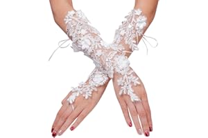 IBLUELOVER Gants Mariage Blanc Gant Déguisement Femme Mitaines Court Exquis Gants en Dentelle avec Lacet Accessoires Robe Manches Mariée Wedding Soirée Banquet Performance Cérémonie Halloween