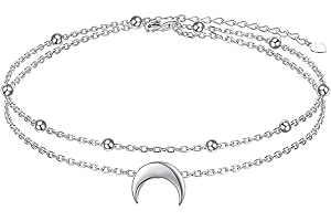 Flyow Moon Layered Fußkettchen 925 Sterling Silber für Damen Mädchen Einstellbare Perlen Halbmond Knöchel Armband Boho Strand Fuß Kette 9+1,5 Zoll Charme Schmuck
