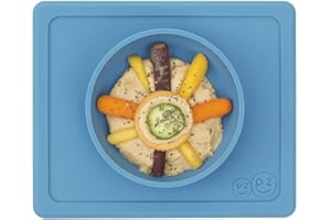 ezpz Mini Bowl (Blue) - 100% Silicone Suction Bowl with Built-in Placemat for Infants + Toddlers - Comes with a Reusable Travel Bag