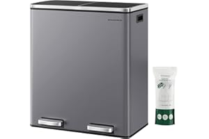 SONGMICS Dual Rubbish Bin, Metal Recycling Bin with 15 Rubbish Bags, 2-Compartment, with Lids, Pedals, Plastic Inner Buckets, Soft Closure, 2 x 8 Gallons (2 x 30 L), Slate Grey LTB060G01