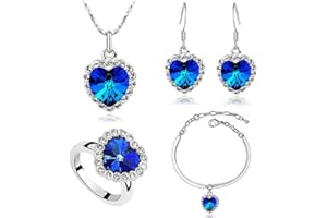 AILUOR Titanic Heart of The Ocean Necklace Earrings Bracelet and Rings Jewelry Set, Sterling Silver Blue Sapphire Crystal Necklace Pendants Wedding Prom Jewelry