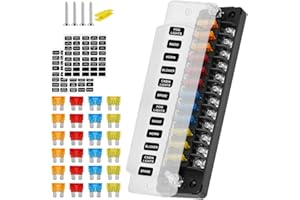 Flintronic Caja Fusibles 12 Vias, Porta Fusibles Coche con Lámpara de Alerta LED, Porta Fusibl-es Coche con 24 Fusibl-es y Pegatinas, Porta Fusible-s Plano ATC/ATO, para Coch-e, Barco, Furgoneta, SUV