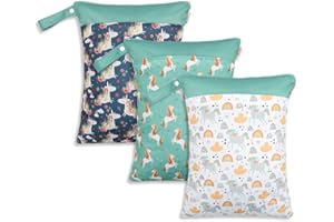 Treer 3 Stück Wetbag Kindergarten, Stoffwindeln Nasstaschen Baby Wetbag Wasserdicht Waschbar Kleinkind Windeln Organizer Beutel mit Reißverschluss (Grünes Einhorn,30x40cm)