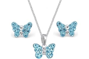 Goldene Hufeisen Mini pendentif papillon en cristal + chaîne + boucles d'oreilles en argent 925 véritable pour filles et enfants
