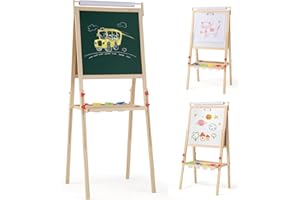 COSTWAY 3 in 1 Cavalletto per Bambini, Cavalletto Doppia Faccia Regolabile con Lavagna Magnetica e Bianca, Rotolo di Carta, 4 Bicchieri per Vernice e Vassoio per Stoccaggio, per Bambini 3-10 Anni