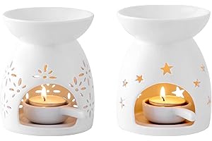 LOVECASA Ceramic Oil Burner Wax Melt Burner Set of 2-Star and Flower Pattern, Aromatherapy Essential Oil Diffuser Candle Holder for Home Decor Meditation