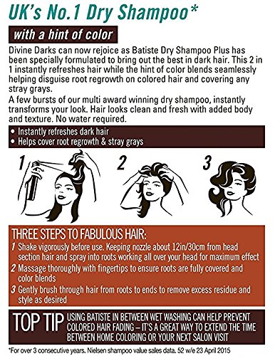 Batiste Trockenshampoo Dry Shampoo Divine Dark mit einem Hauch von Farbe für schwarzes und dunkelbraunes Haar, Frisches Haar für alle Haartypen, 3er Pack 2+1 (3 x 200 ml) - 2