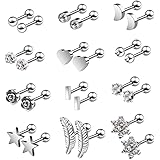 Silver Stud Earrings 12 Pairs Multiple Stud Stainless Steel Earrings Set hypoallergenic Small Sleeper Cartilage Studs for Wom