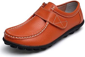 Yooeen Women's moccasins, boat shoes, leather work shoes, leisure, flat loafers, low shoes, driving sandals, Velcro fastening, pea shoes
