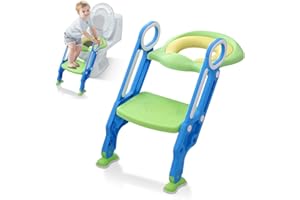 XMTECH Kinder Toilettentrainer Toilettensitz mit Treppe Faltbar Töpfchentrainer WC Trainer Höhenverstellbar mit PU Gepolstert Kissen und Griffen Töpfchen (Grün + Blau)