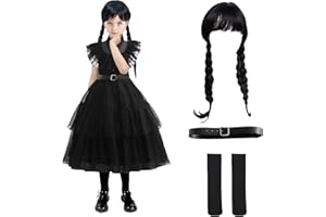 yumcute Gothic Kleid Kostüm Kinder Schwarz Tüllrock Kleid mit Perücke Gürtel und Socken Gothic Kleidung Kostüm für Kinder Halloween Karneval Cosplay Party