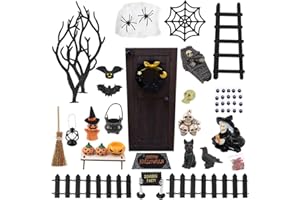 QUIXION 36 StüCk Halloween Puppenhaus Dekoration, Halloween Puppenhaus ZubehöR, Miniatur Puppenhau Set, Miniatur Holz WichteltüR Set Skelette Spinnen FledermäUse KüRbis-Elfe FüR Hallowee Party Dekoration